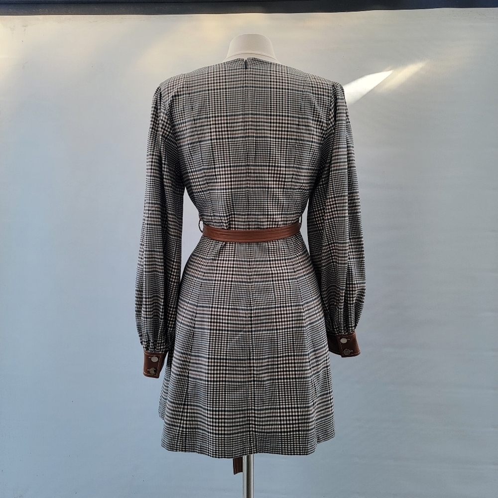 STAUD Plaid Mini Dress Size 8 Glen Check Gray Brown Faux Leather Minimalist Boho - Picture 9 of 16